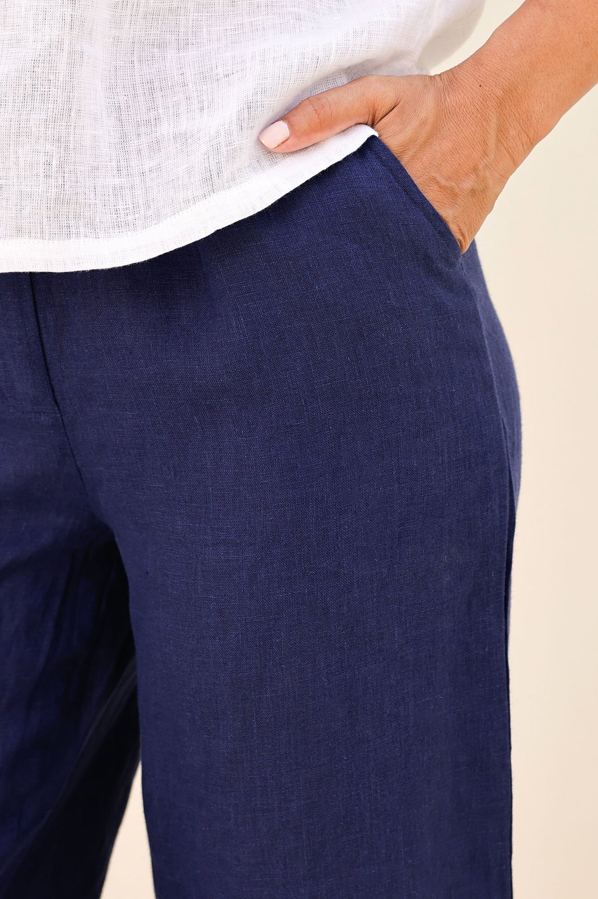 Wide Leg Linen Cropped Trousers - Navy