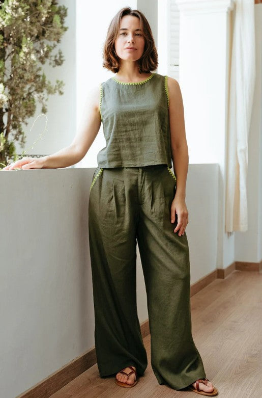 Lois Wide Leg Trousers - Olive, Decorative Stitch