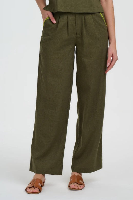 Lois Wide Leg Trousers - Olive, Decorative Stitch
