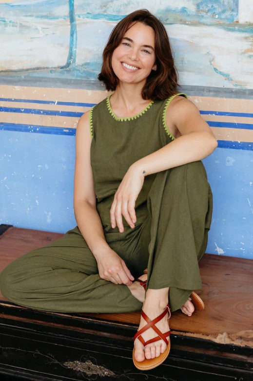 Wide leg olive trousers.