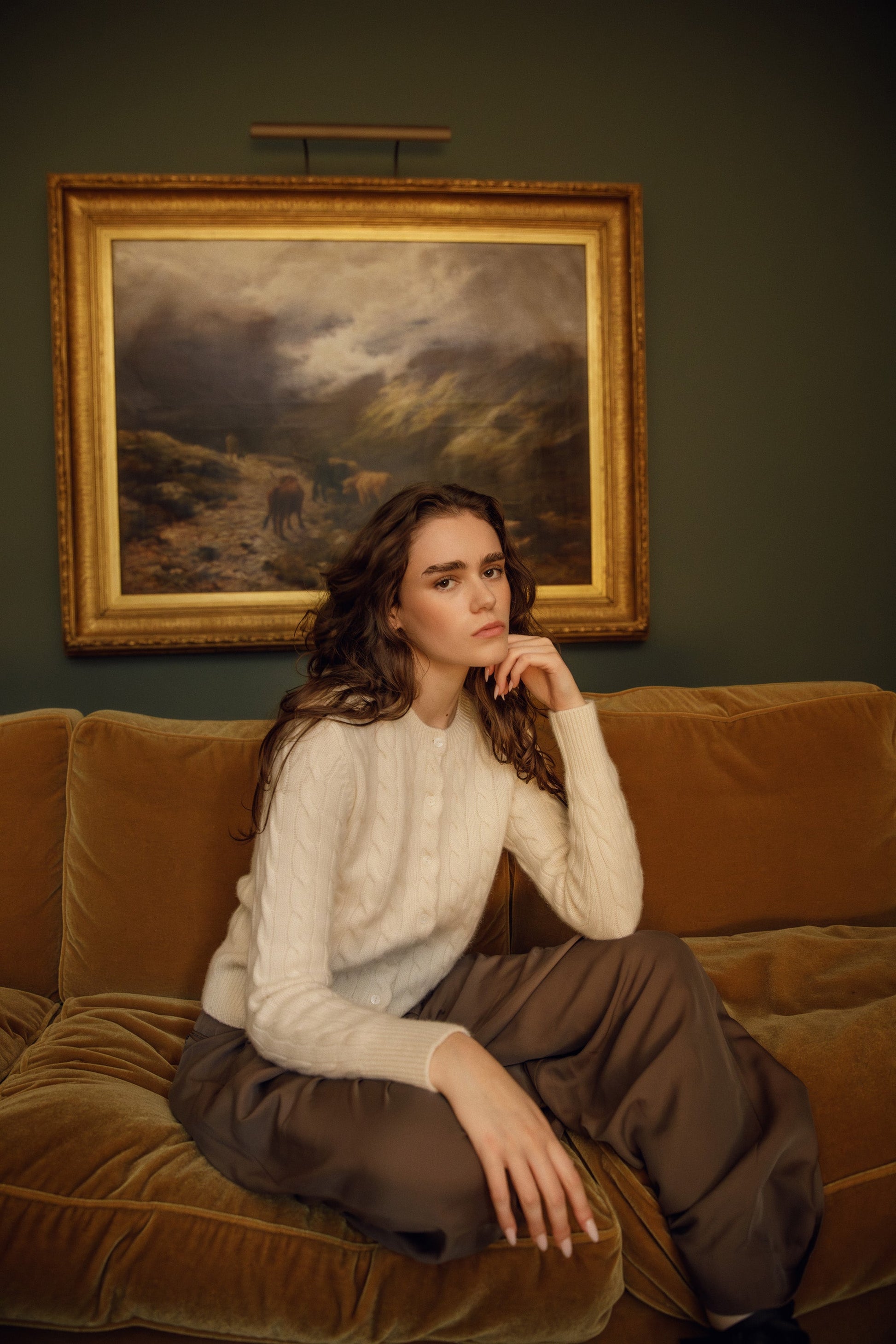 Cable knit cream cardigan in 100% cashmere, by Kiltane.
