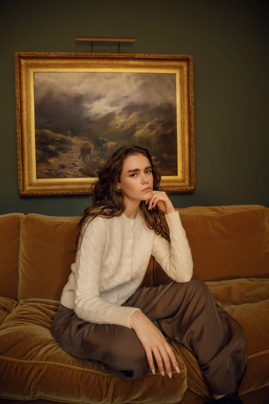 Cable knit cream cardigan in 100% cashmere, by Kiltane.