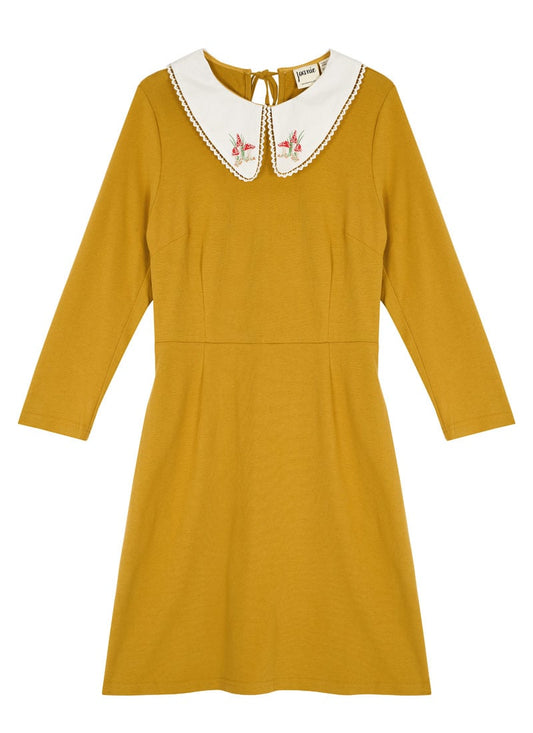 Loretta Embroidered Collar Jersey Dress - Mustard - Sustainable Organic Cotton - Yellow