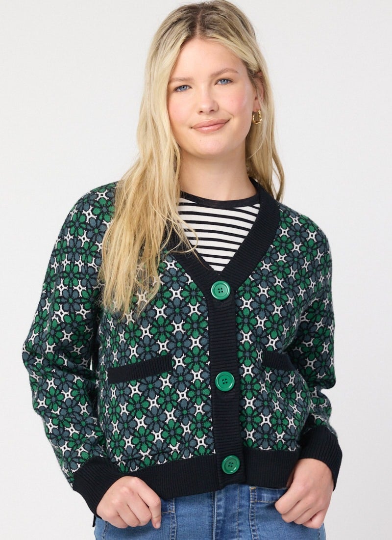 Lovelace Green Geometric Intarsia Oversized Cardigan- (Green)