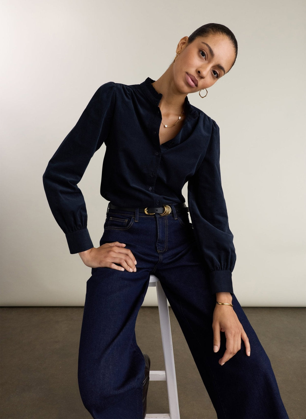 Organic cotton deep indigo corduroy blouse.