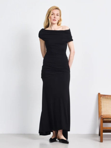 Lulu Asym Sleeve Tee Column Dress with Asym Ruching in Black