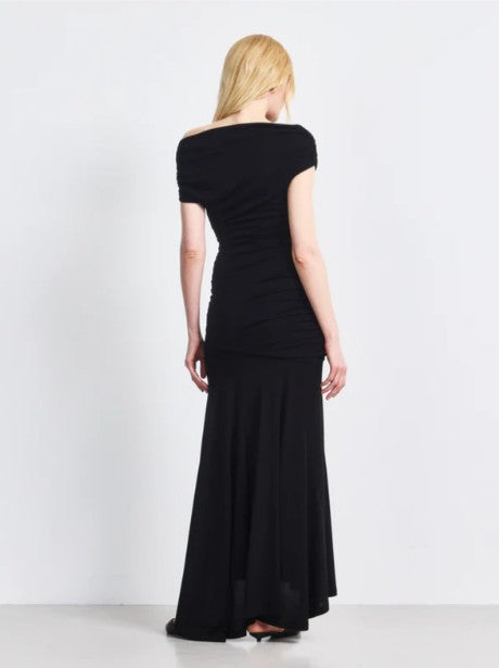 Lulu Asym Sleeve Tee Column Dress with Asym Ruching in Black