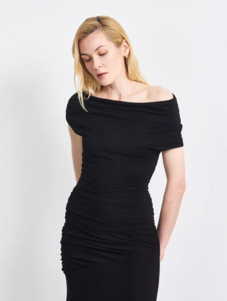 Lulu Asym Sleeve Tee Column Dress with Asym Ruching in Black