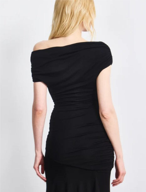Lulu Asym Sleeve Tee Column Dress with Asym Ruching in Black