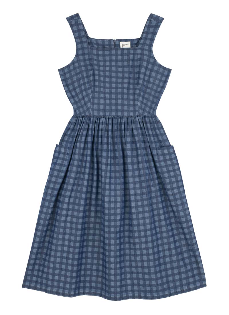 Maggie Square Neck Gingham Print Denim Sundress - Navy