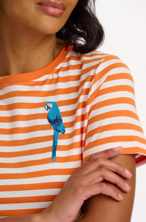 Maggie T-shirt - Off-White/Orange, Stripy Parrot
