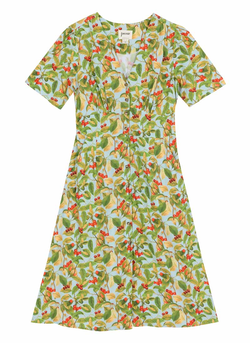 Manon Cherry Print Button-Through Tea Dress (Blue)