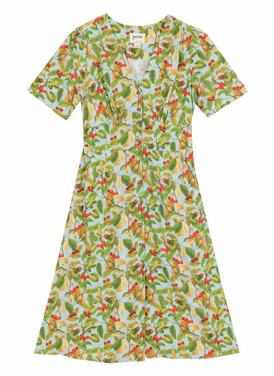 Manon Cherry Print Button-Through Tea Dress (Blue)