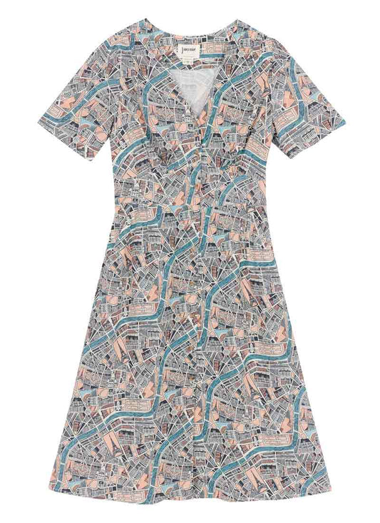 Manon Parisian Map Print Button-Through Tea Dress (Blue)