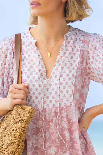 Marina Organic Cotton Print Mix Dress - Blossom Print, Dusty Pink and White