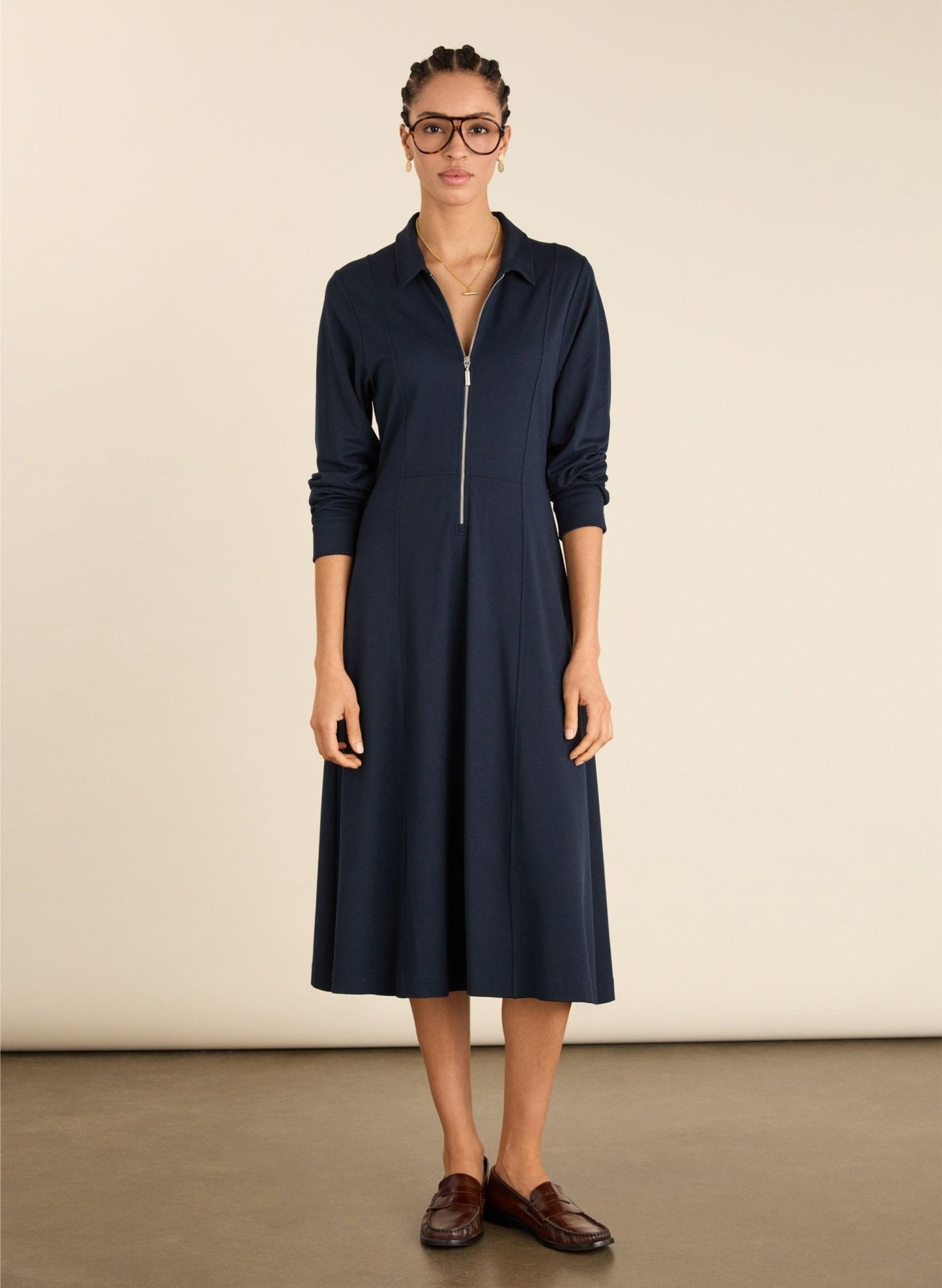 Inky navy midi dress with collar and silver zip.