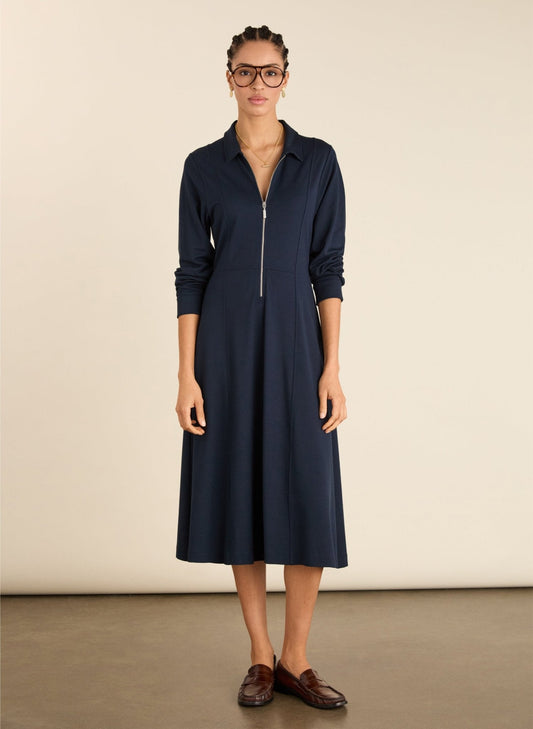 Inky navy midi dress with collar and silver zip.