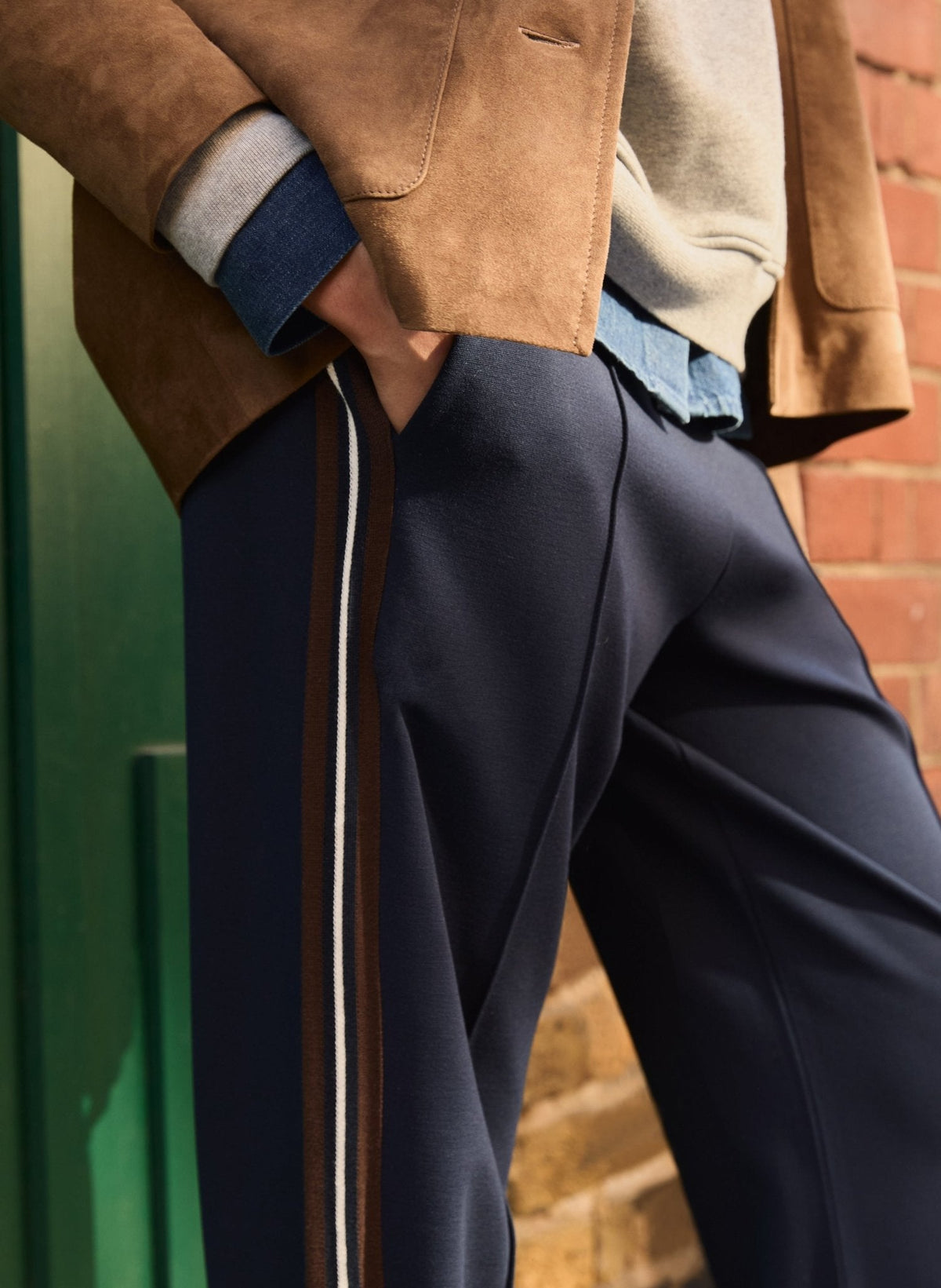 Marjorie Side Stripe Ponte Trousers - Classic Navy & Dark Chocolate