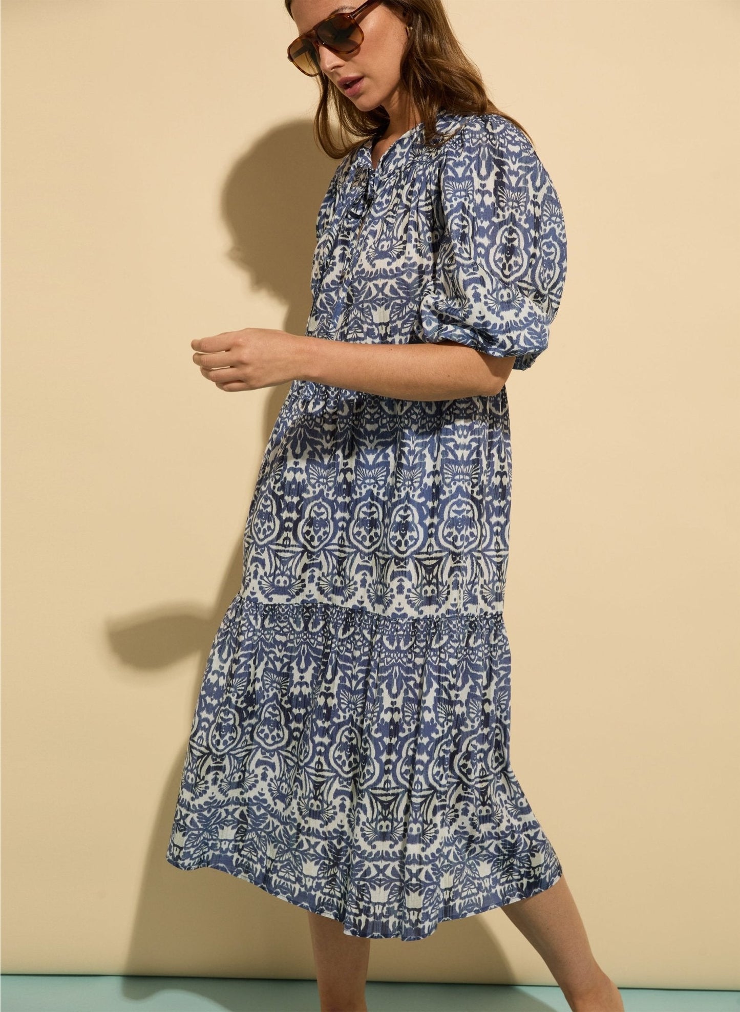 Mathilda Organic Cotton Kaftan Dress / Blue Stencil Geo