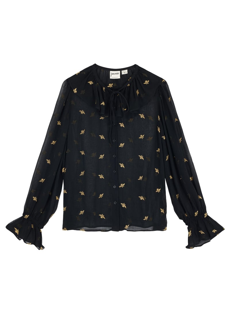 Meera Flounce Collar Sheer Embroidered Blouse - Black