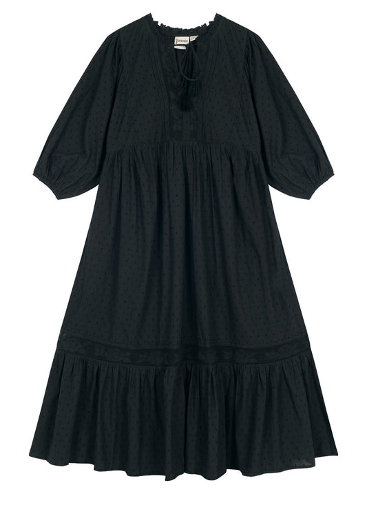 Meryl Tie Neck Dobby Midi Dress - Black