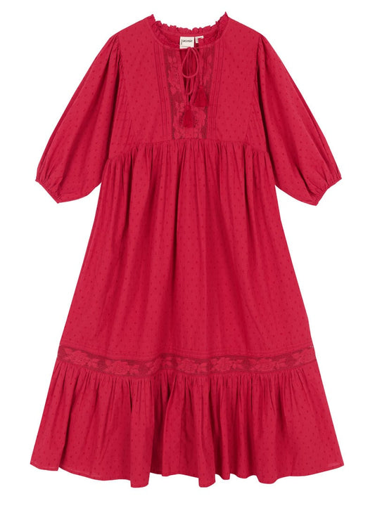 Meryl Tie Neck Dobby Midi Dress - Red