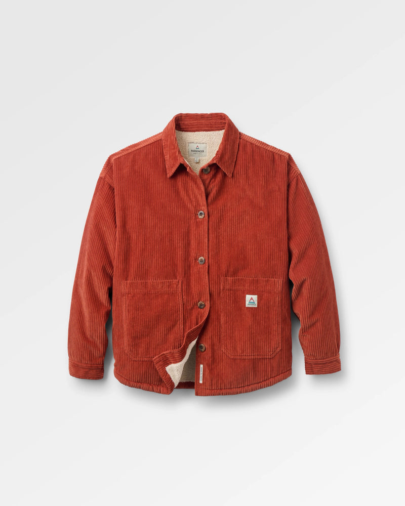 Warm rust coloured corduroy overshirt with fleece lining.
