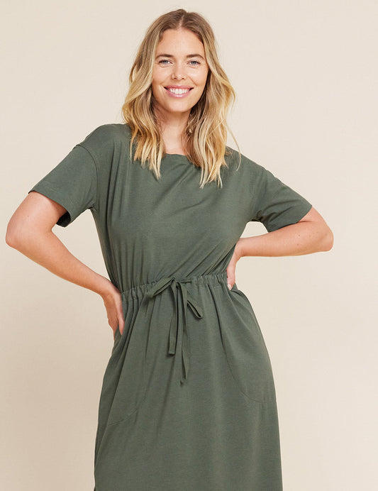 Moss green tie waist bamboo T-shirt dress by Boody.