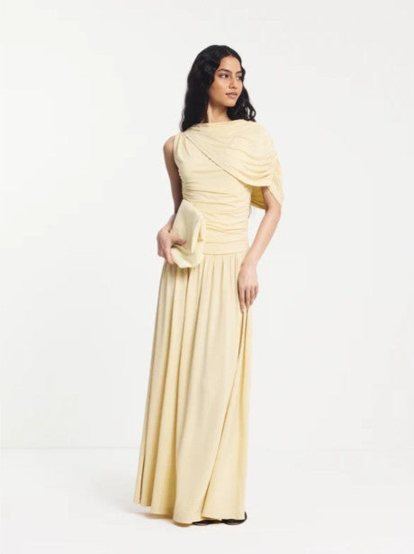 Buttercream yellow draped maxi dress.