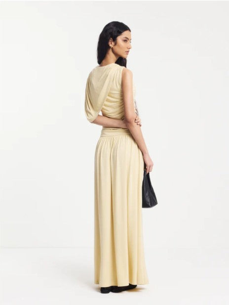 Mila Asymmetrical Caped Shoulder Maxi Dress in Butter Milk
