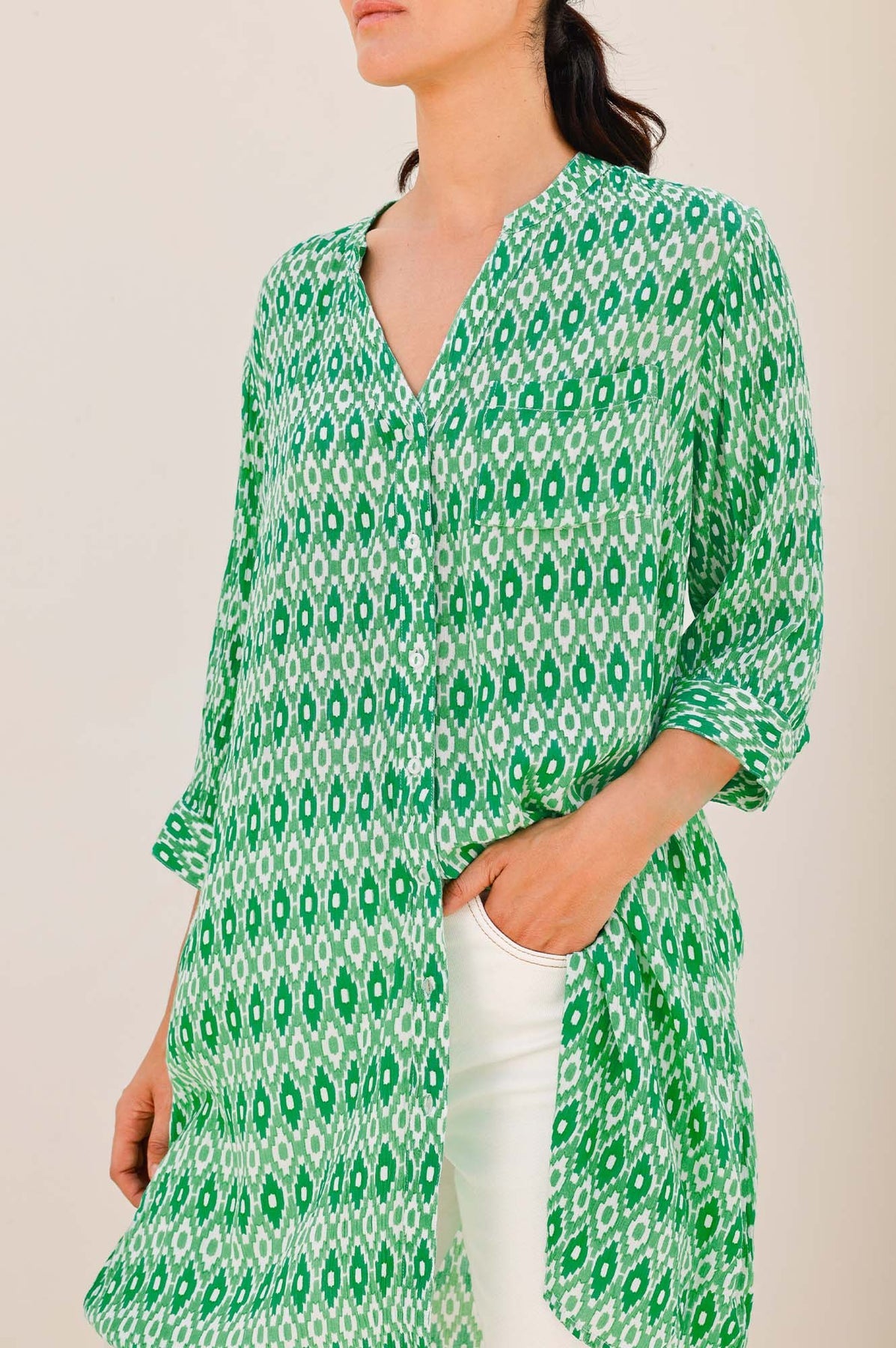 Mila Shirt Tunic - Aztec Green/White
