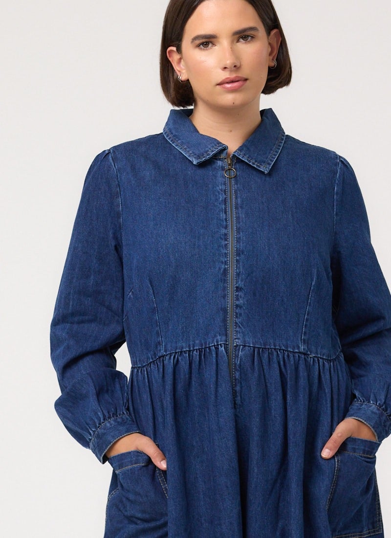 Maribelle Zip-Through Denim Midi Dress (Blue)