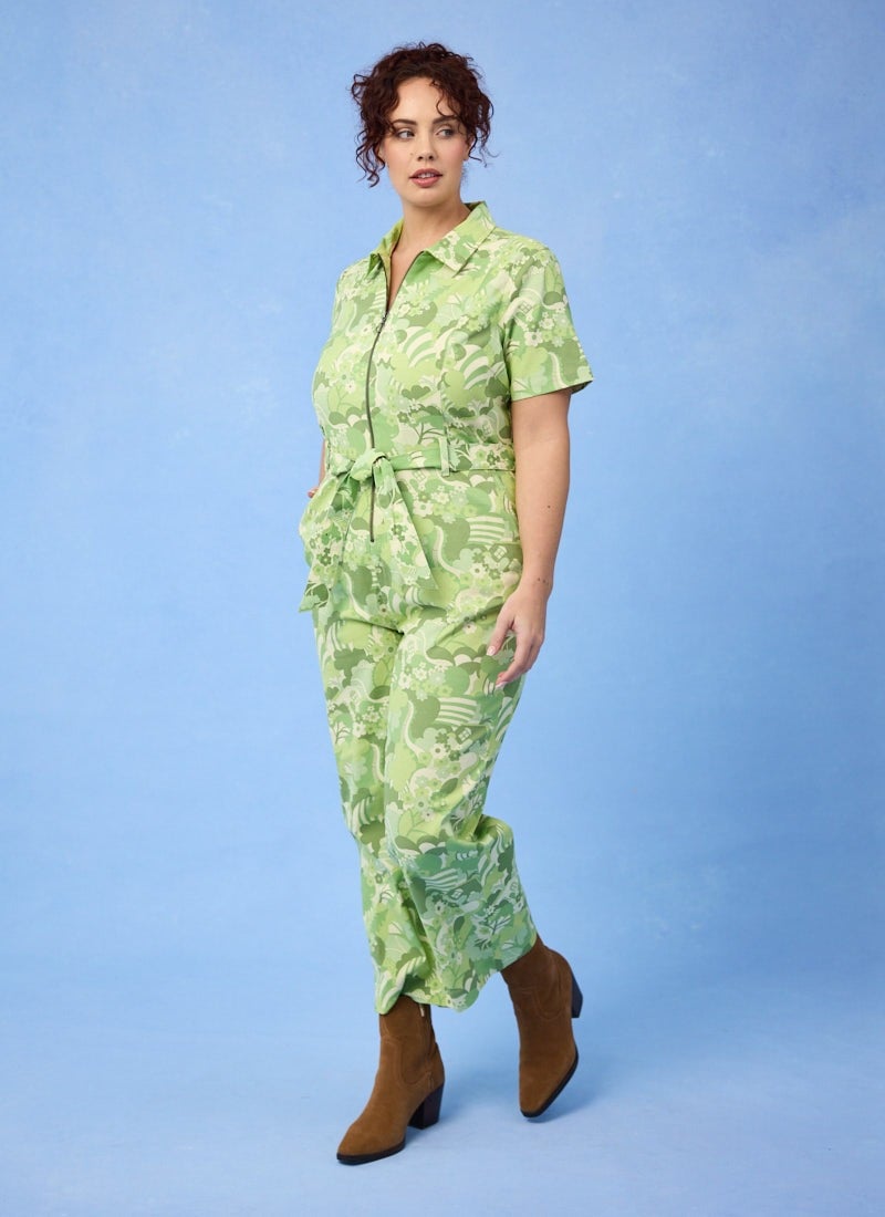 Mork Green Floral Print Short Sleeve Boilersuit