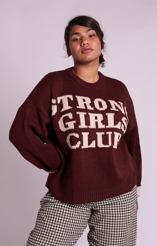 Knitted Strong Girls Club Jumper - Chocolate Fig