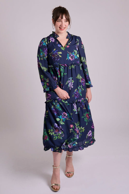 Navy dress with floral print, made from recycled polyester by MuthaHood UK.