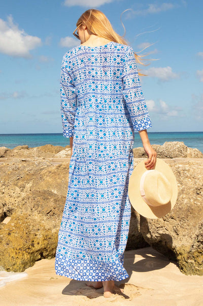 Mykonos Maxi Dress - Organic Cotton, White/Blue