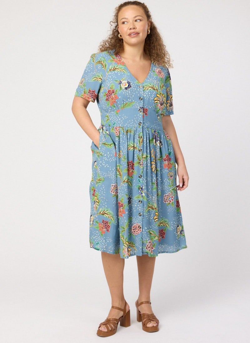 Natalie Chintz Floral Print Button Down Tea Dress (Blue)