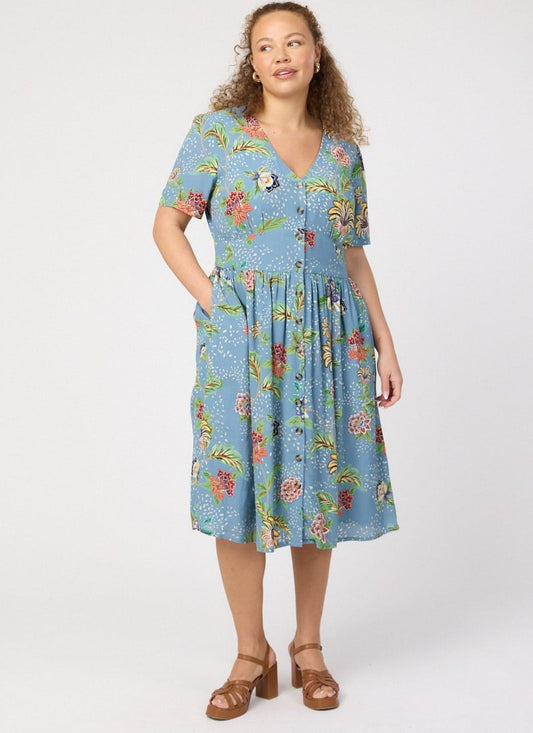 Natalie Chintz Floral Print Button Down Tea Dress (Blue)