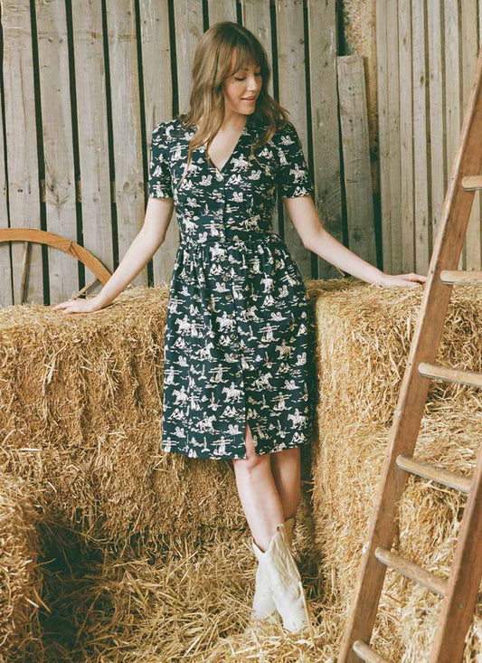 Natalie Western Cowgirl Print Button-Down Tea Dress - Sustainable Organic Cotton (Navy)
