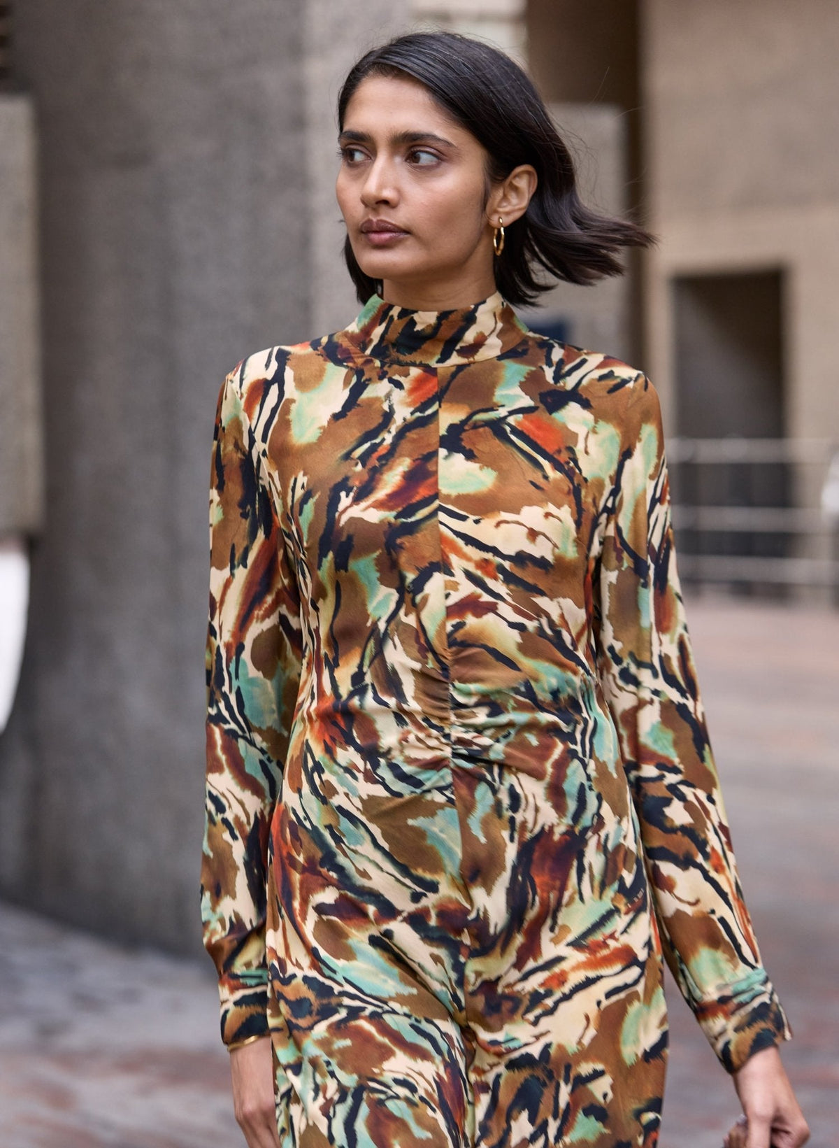 Neesha Printed Fit and Flare Dress - Brown Abstract