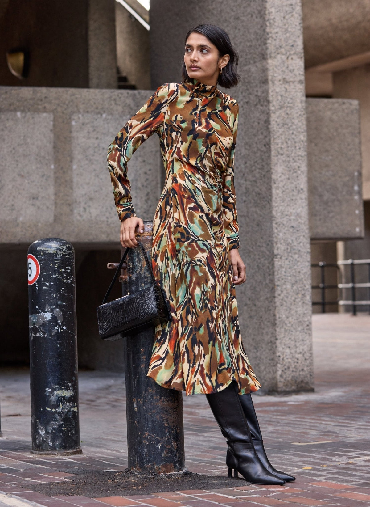 Neesha Printed Fit and Flare Dress - Brown Abstract