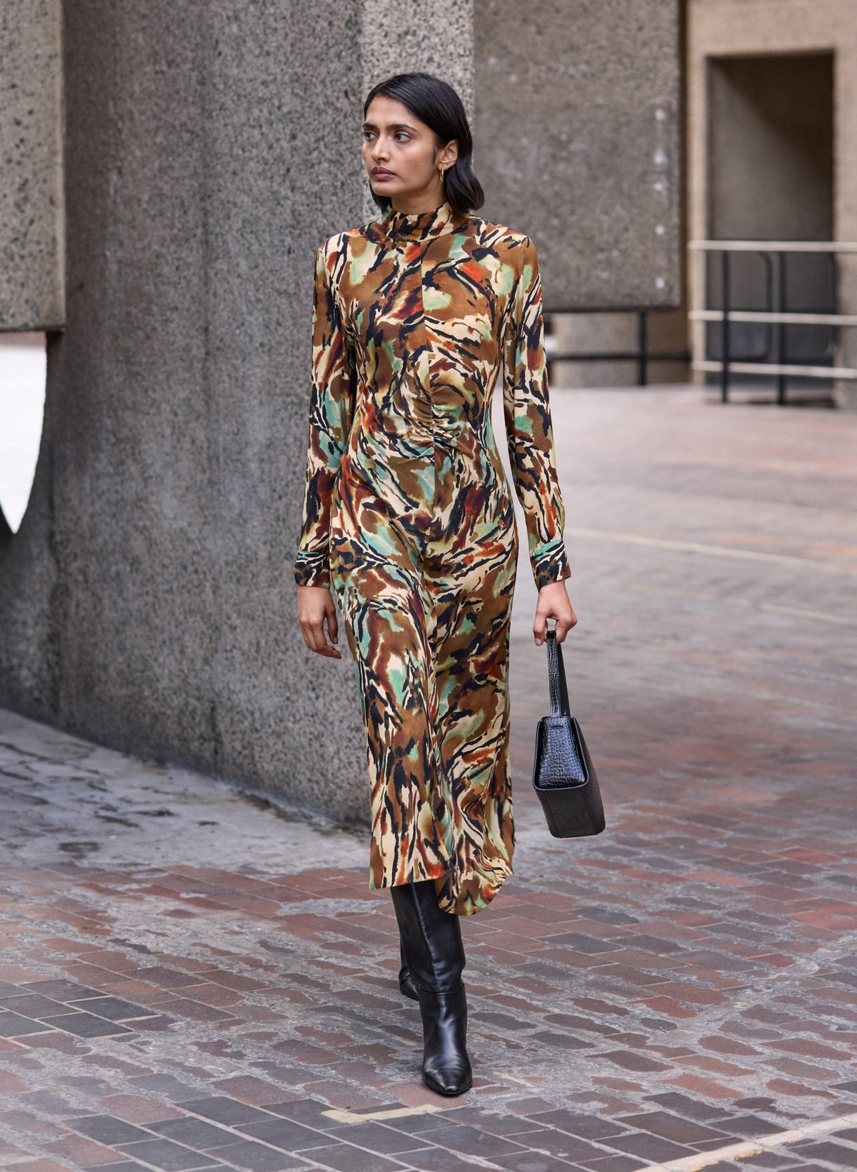 Green and brown abstract print fit and flare dress.