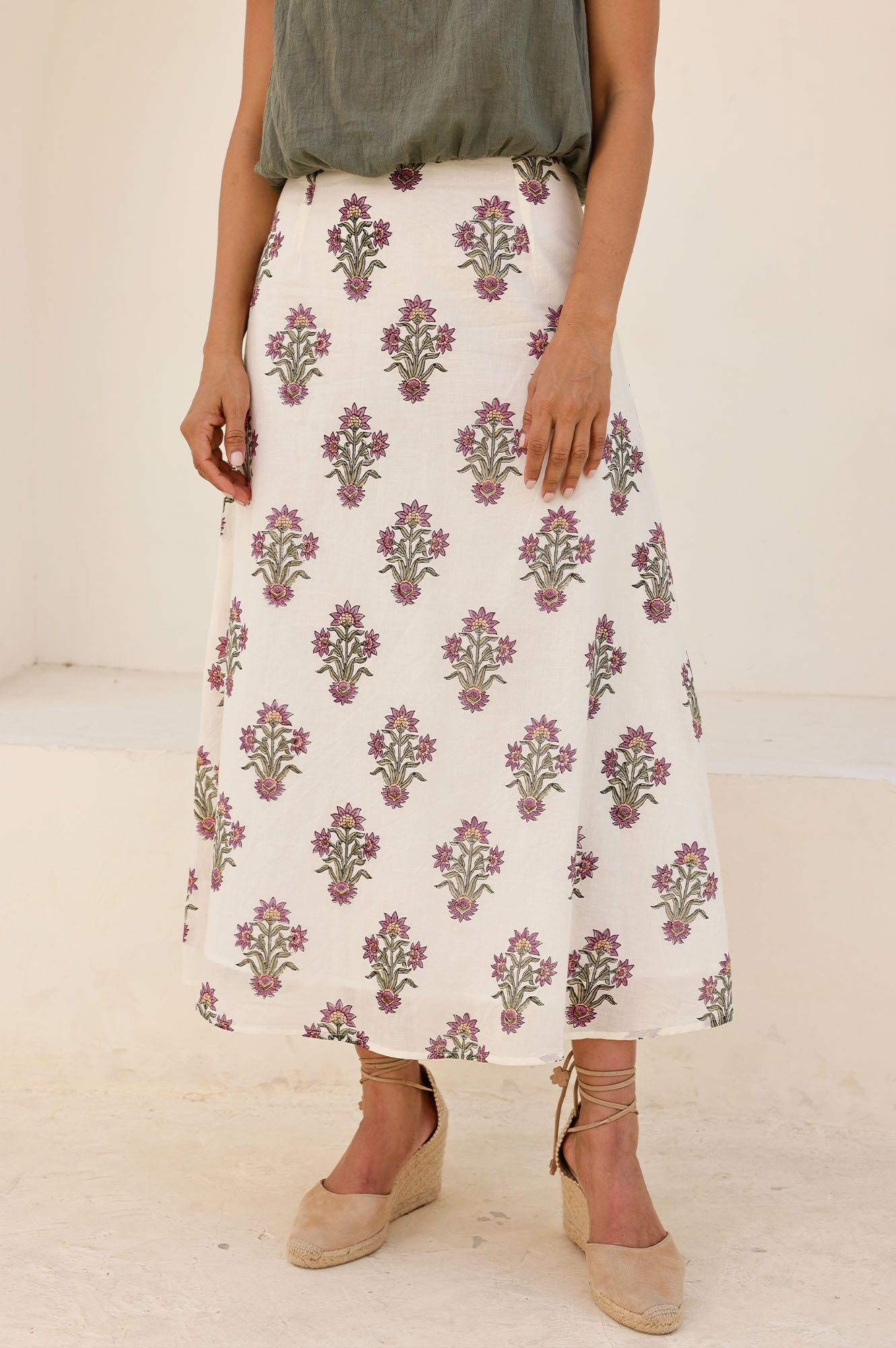 Neve Organic Cotton Block Print Summer Wedding Guest Evening Skirt Floral Printed Cream Red Green