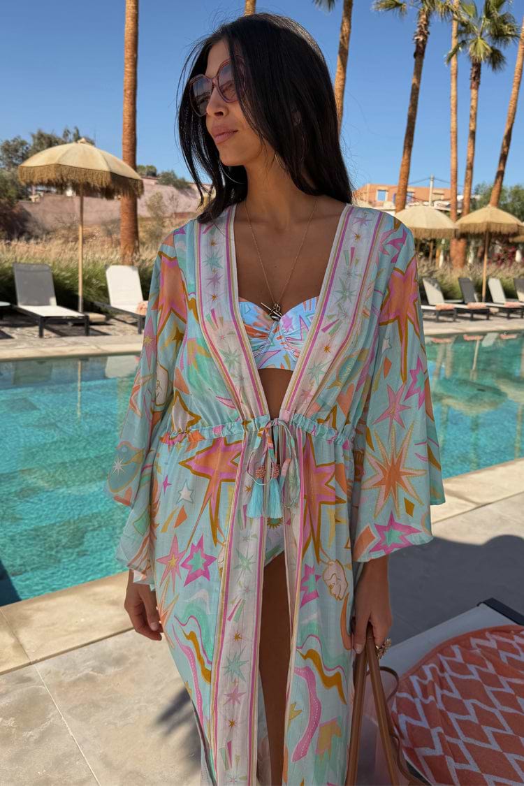 Pale blue and pink abstract pattern beach kaftan.
