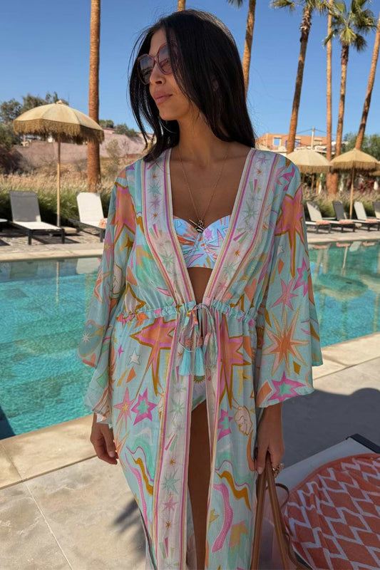 Pale blue and pink abstract pattern beach kaftan.