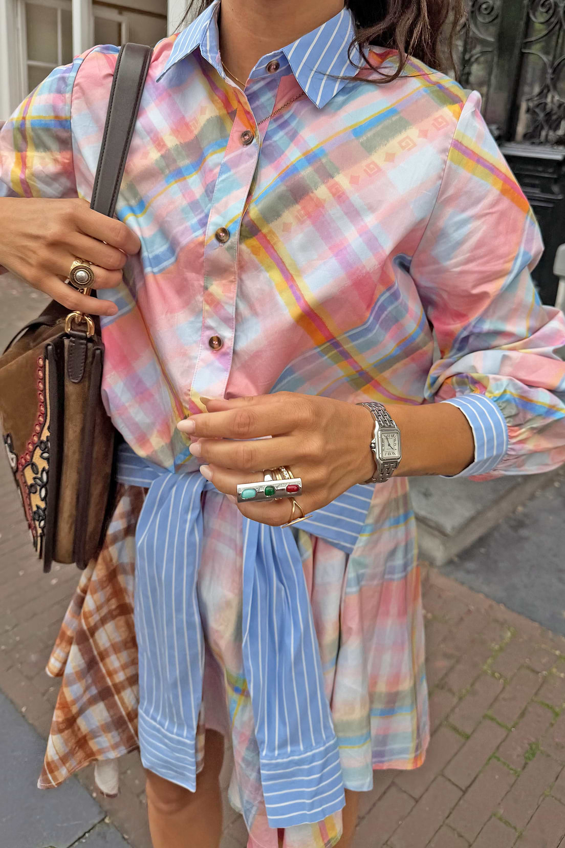Pale pink and blue checked shirt with striped pussybow detail.