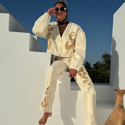 Ecru Raffia Palma Barrel Leg Jeans