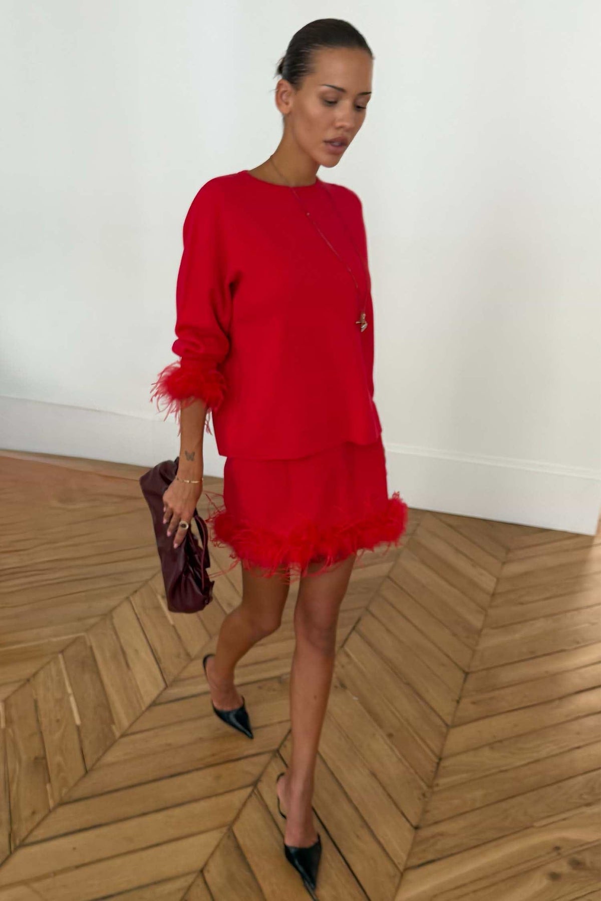 Red Feather Mini Skirt