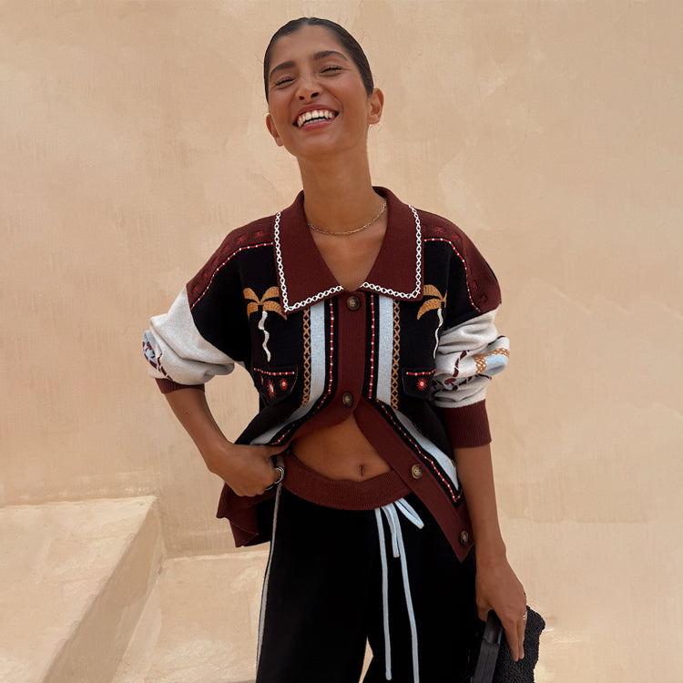 Geometric Knit Cardigan with Embroidery Detail