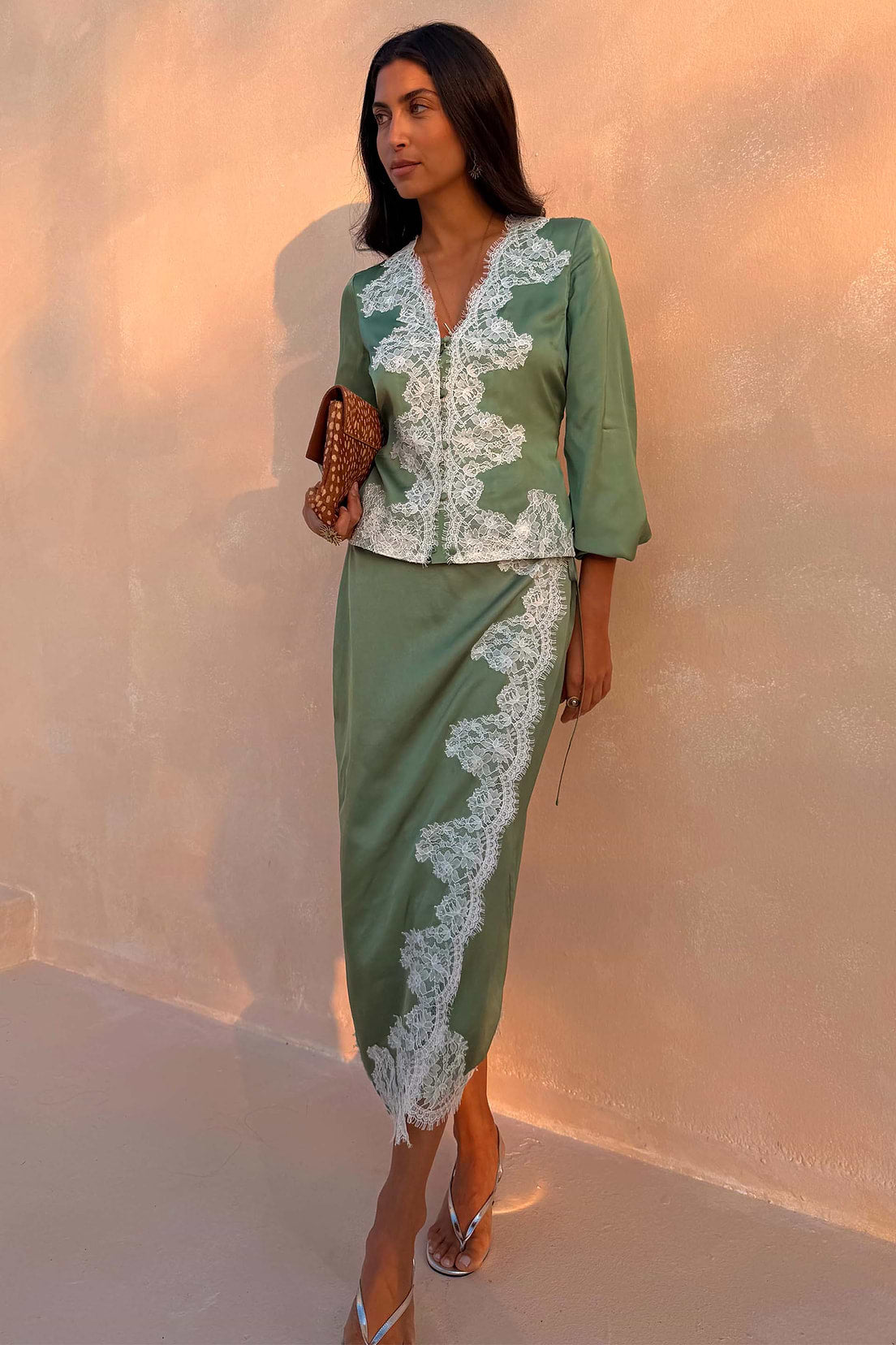 Green Lace Wrap Midi Skirt